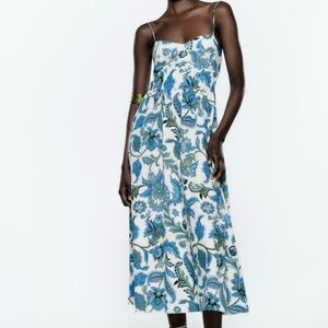 Zara Blue and White Floral Midi Dress